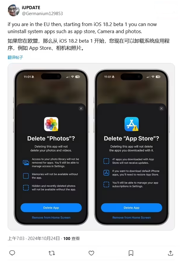 福鼎苹果手机维修分享iOS 18.2 支持删除 App Store 应用商店 